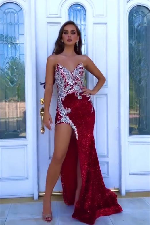 Fabulous Red Sleeveless Split Mermaid Evening Dresses With Crystal