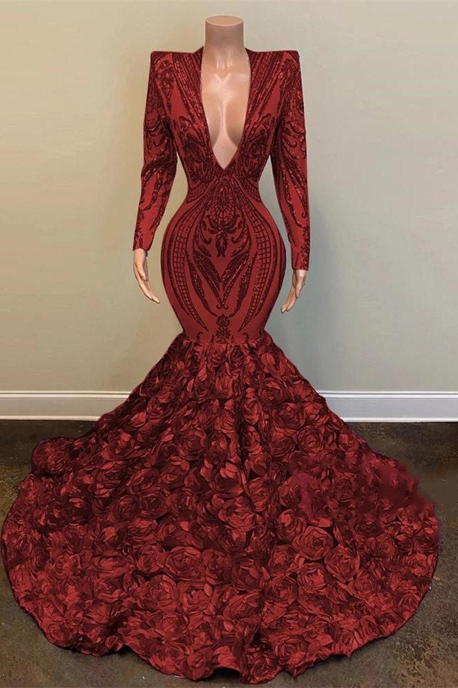 Fabulous Red V-neck Long Sleeve Floor-length Sequins Flowers Mermaid Prom Dresses