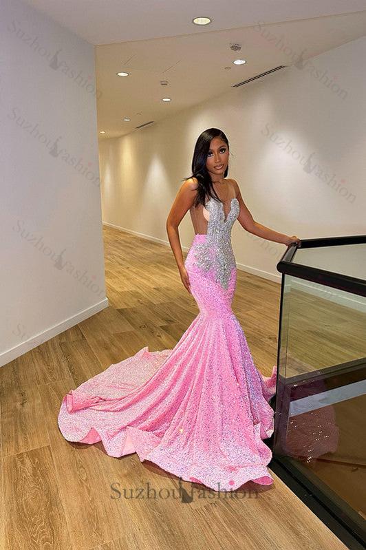 Fabulous Sleeveless Mermaid Sequined Prom Dresses with Ruffles