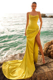 Fabulous Sleeveless Mermaid Spaghetti Straps Satin Prom Dresses with Split