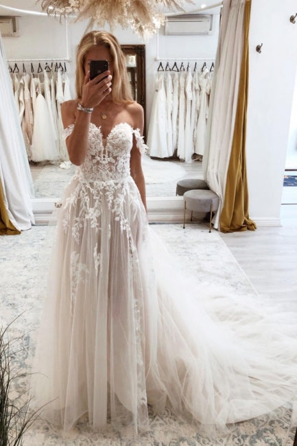 Fabulous Sweetheart Off-the-Shoulder Cap Sleeves Long Lace Bridal Dress