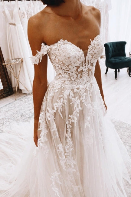 Fabulous Sweetheart Off-the-Shoulder Cap Sleeves Long Lace Bridal Dress