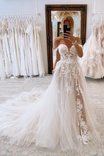 Fabulous Sweetheart Off-the-Shoulder Cap Sleeves Long Lace Bridal Dress