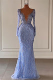 Fabulous V-Neck Long Sleeves Mermaid Satin Prom Dresses with Beads