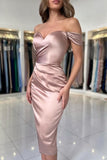 Fabulous sweetheart off-the-shoulder cap sleeves column satin Prom Dresses with ruffles