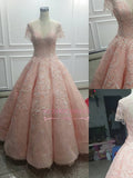Fairy Tale Pink Scoop Short Sleeves Ball Gown Lace Applique Evening Dresses