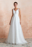 Fantastic V-Neck Sleeveless White Appliques Wedding Dress With Pearls
