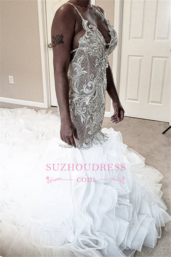 Fascinating Appliques Spaghetti-Straps Mermaid V-neck Sleeveless Wedding Dresses