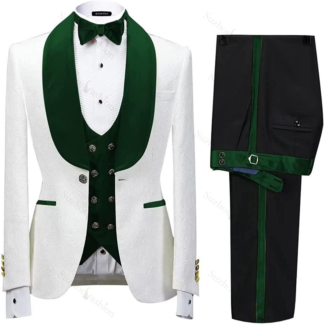 Fashion Green Shawl Lapel 3 Piece Jacquard Wedding Suit