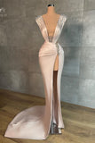 Fashion Long V-neck Split Front Mermaid Evening Prom Dresses With Rhinestones