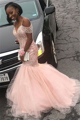 Fashion Sequins Off-The-Shoulder Lace-up Prom Gown | Tulle Beading Mermaid Prom Dress