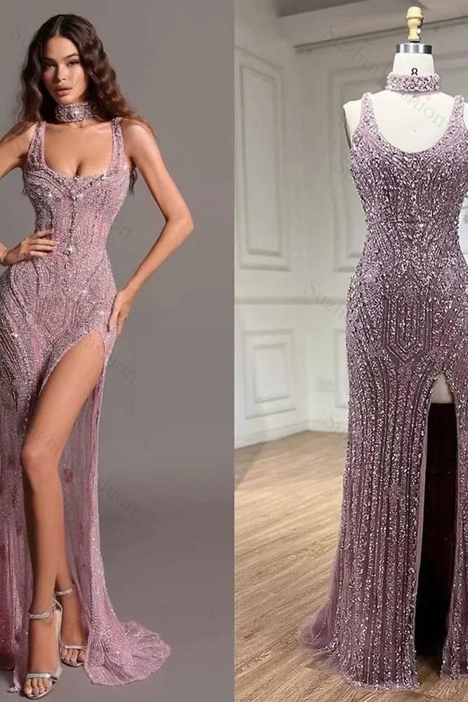 Fashion Sheath Bead Embroidery Dusk Square Split Long Evening Formal Dress