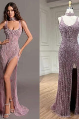 Fashion Sheath Bead Embroidery Dusk Square Split Long Evening Formal Dress