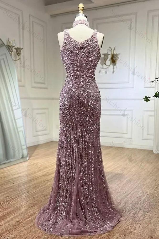 Fashion Sheath Bead Embroidery Dusk Square Split Long Evening Formal Dress