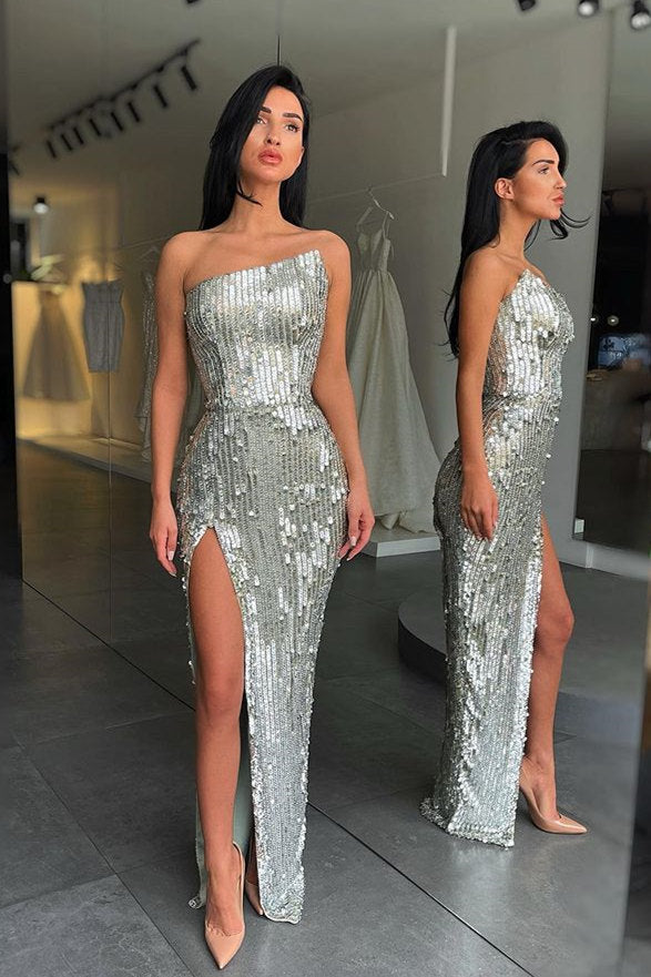Fashion Silver Sequin Asymmetric neckline High split Evening Prom Dresses