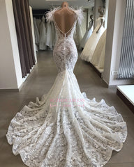 Feather Bateau Wonderful Mermaid Appliques Wedding Dresses