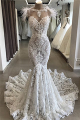 Feather Bateau Wonderful Mermaid Appliques Wedding Dresses