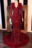 Feather Mermaid Burgundy Prom Dresses | Long Sleeve Sparkle Lace Appliques Evening Gowns