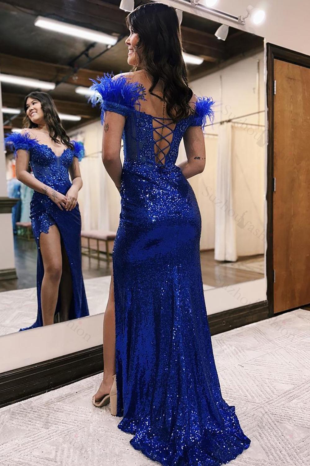 Feathered Black Prom Dress Corset Long Formal Dress With Slit