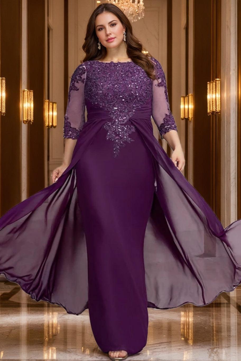 Long A Line Mother of the Bride Dress with Jewel Neckline