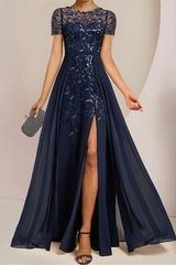 Long A Line Mother of the Bride Dress with Scoop Neckline Side Split and Sequined Ruffles
