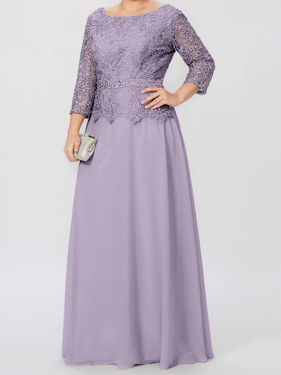 Long A Line Gown with Round Neck and 3/4 Sleeves Embellished with Applique & Sequins