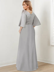 Long A Line Gown with Scoop Neck and 3/4 Ruffled Sleeves for the Mother of the Bride