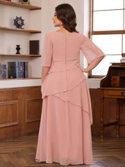 Long A Line Gown with Scoop Neck and Ruffled Half Sleeves