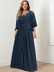 Long A Line Mother of the Bride Dress with Scoop Neck Pleats and Sequins