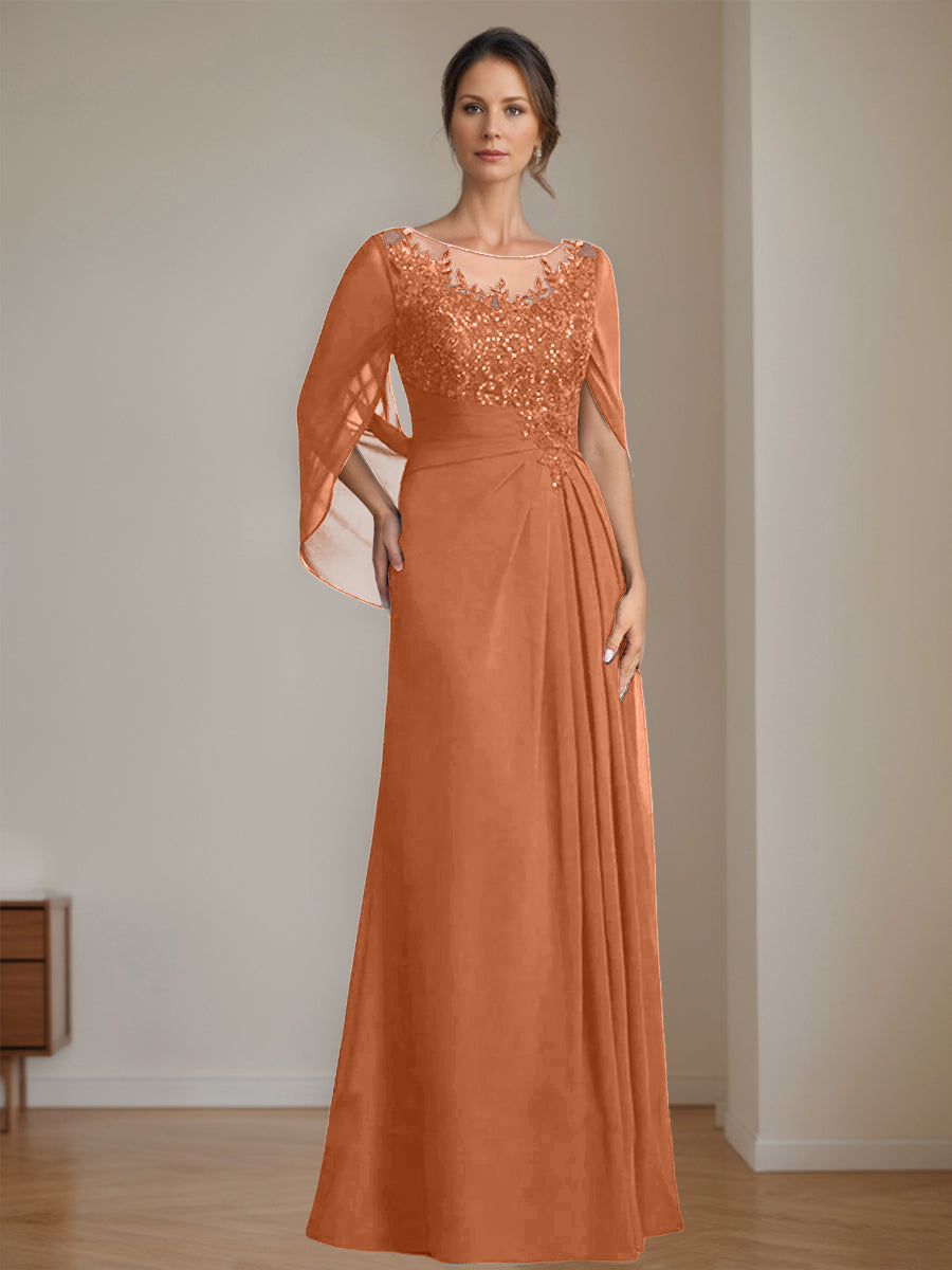 Long A Line Mother of the Bride Dress with Scoop Neckline Pleated & Sequins