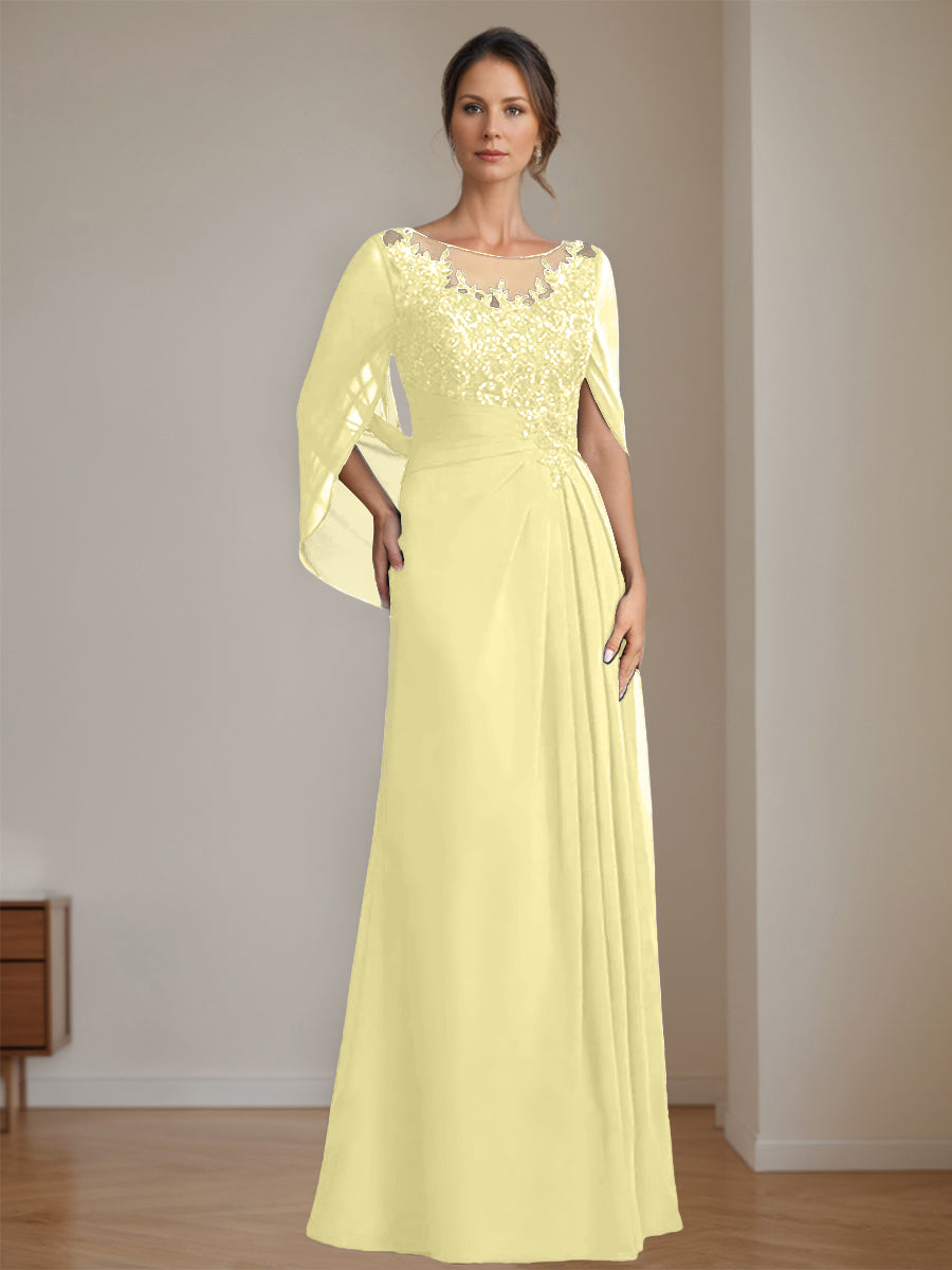 Long A Line Mother of the Bride Dress with Scoop Neckline Pleated & Sequins