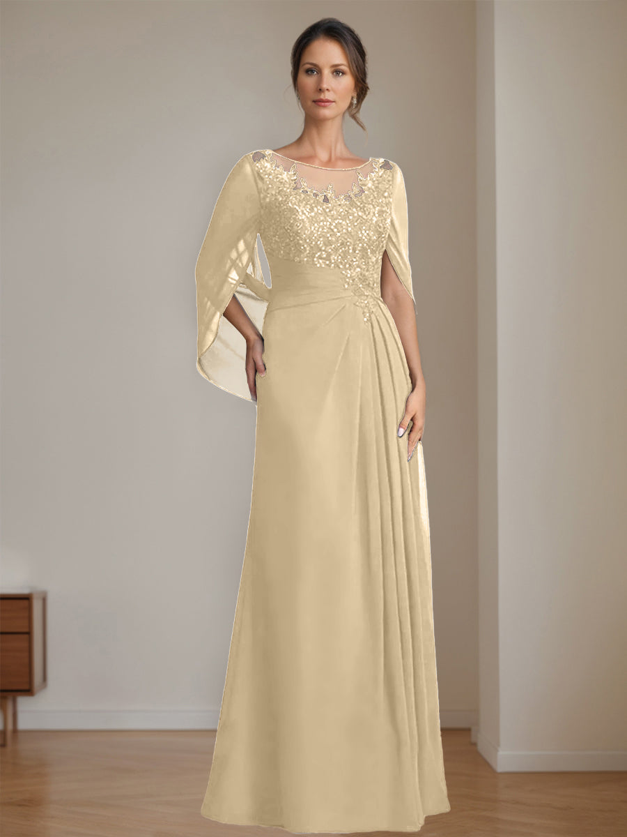 Long A Line Mother of the Bride Dress with Scoop Neckline Pleated & Sequins