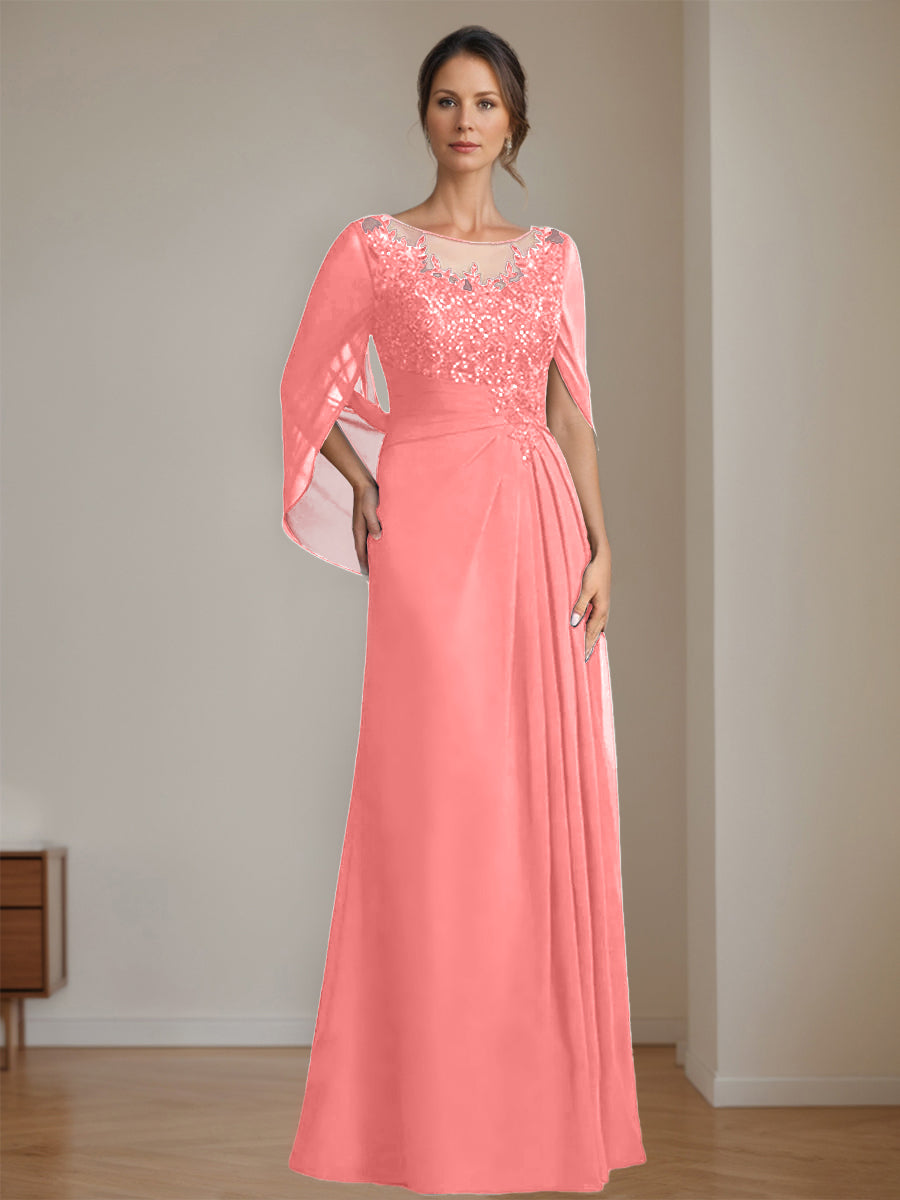 Long A Line Mother of the Bride Dress with Scoop Neckline Pleated & Sequins