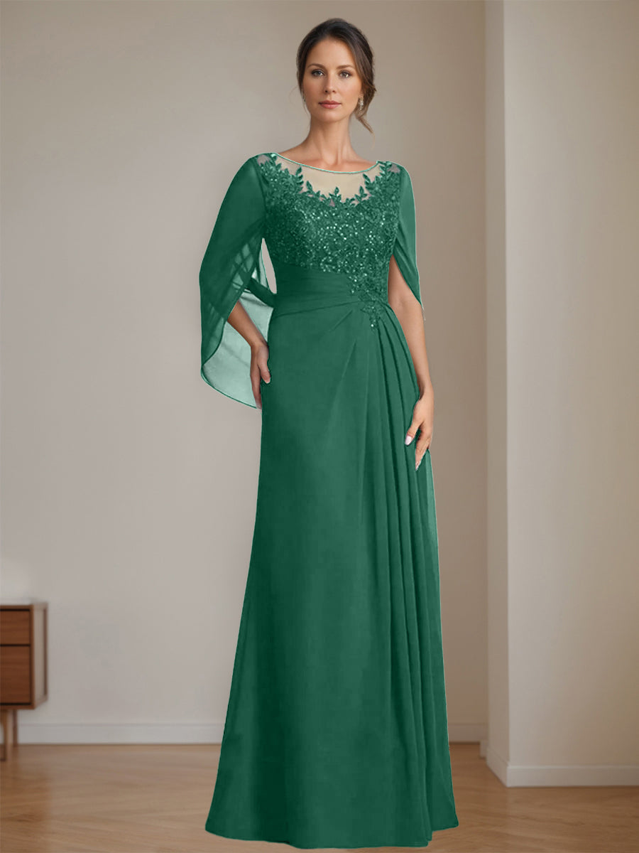 Long A Line Mother of the Bride Dress with Scoop Neckline Pleated & Sequins