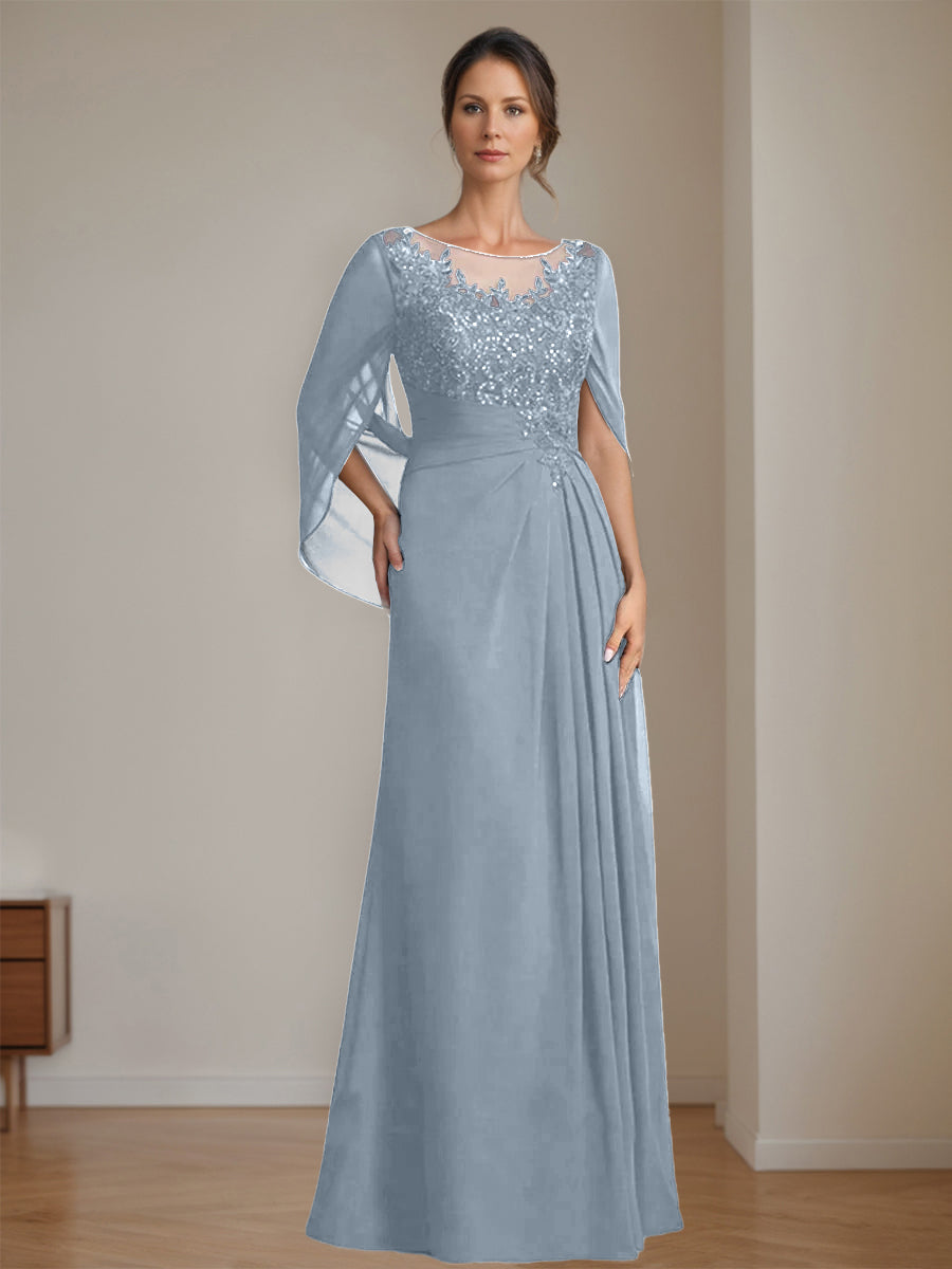 Long A Line Mother of the Bride Dress with Scoop Neckline Pleated & Sequins