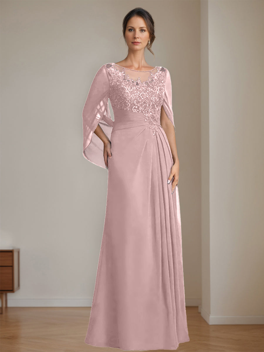 Long A Line Mother of the Bride Dress with Scoop Neckline Pleated & Sequins