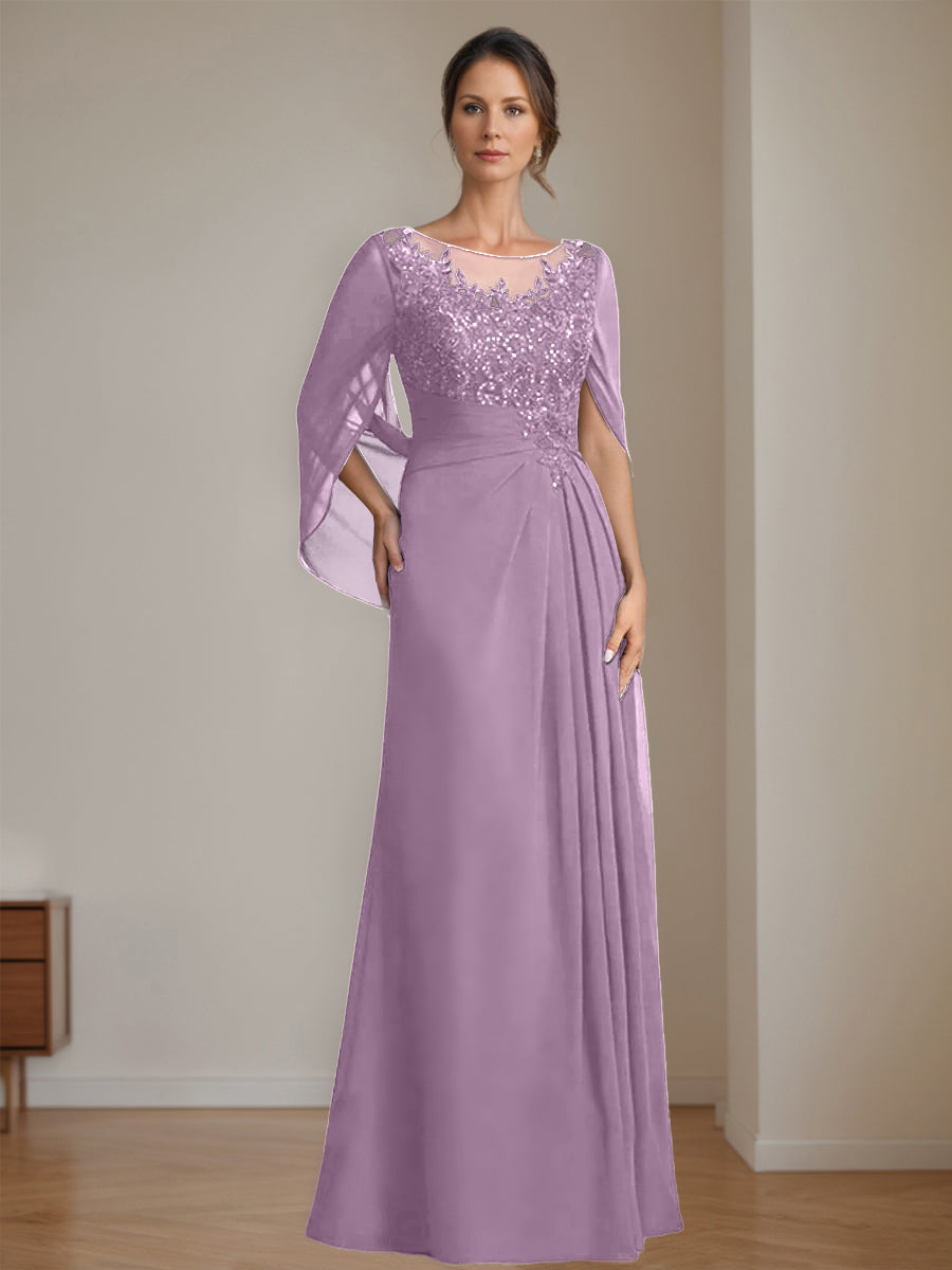 Long A Line Mother of the Bride Dress with Scoop Neckline Pleated & Sequins