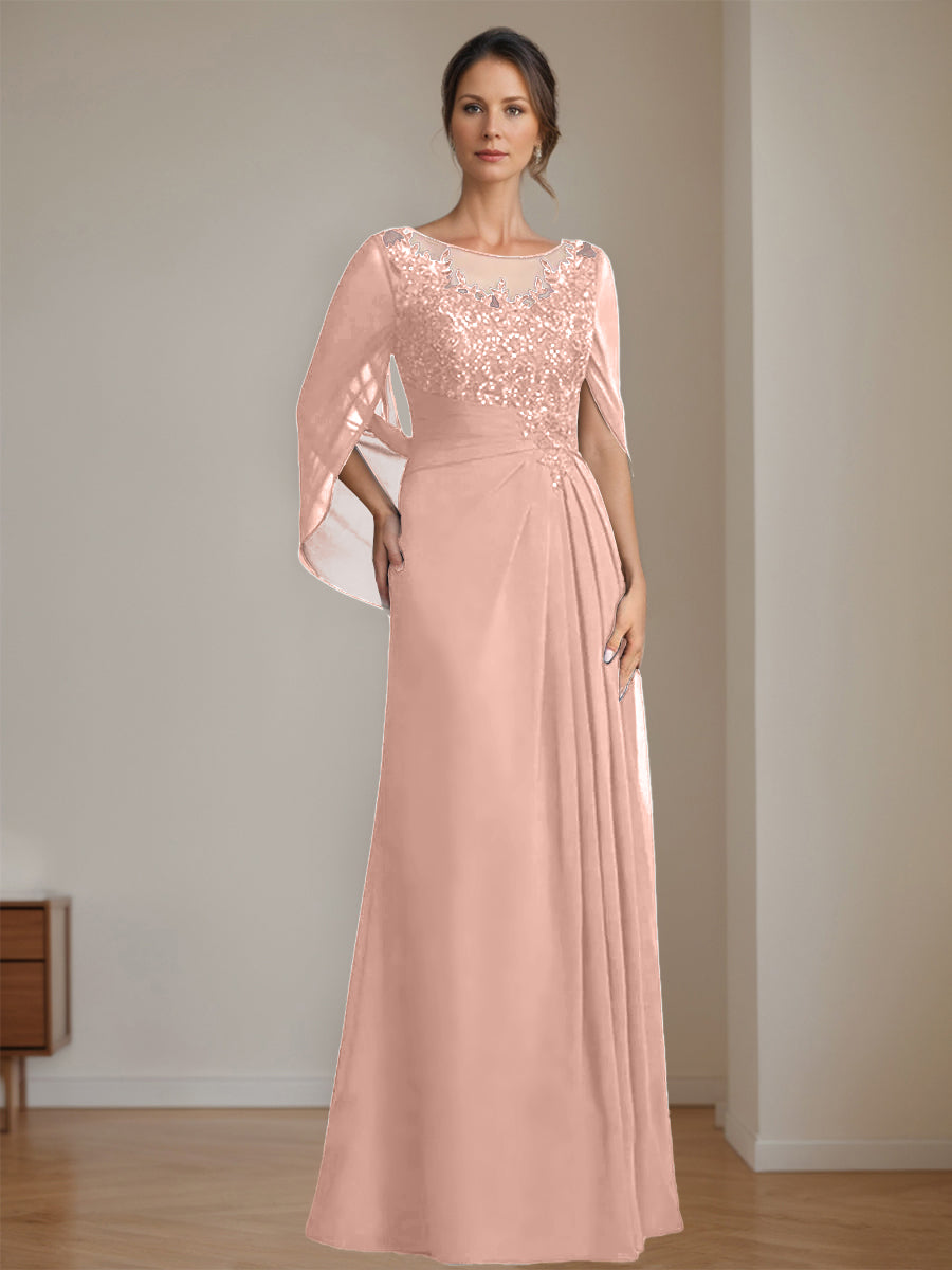 Long A Line Mother of the Bride Dress with Scoop Neckline Pleated & Sequins