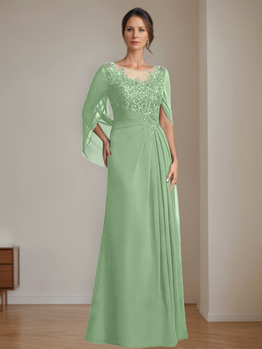 Long A Line Mother of the Bride Dress with Scoop Neckline Pleated & Sequins