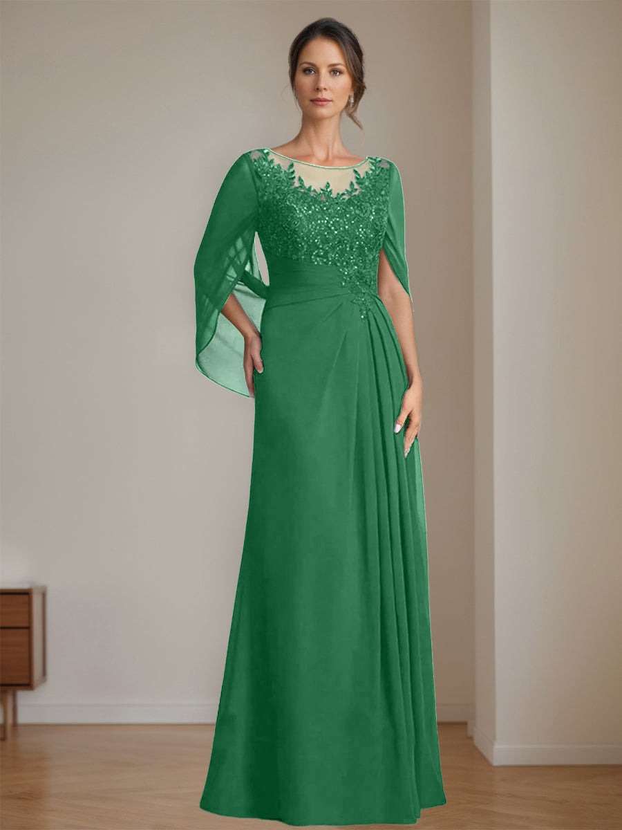 Long A Line Mother of the Bride Dress with Scoop Neckline Pleated & Sequins