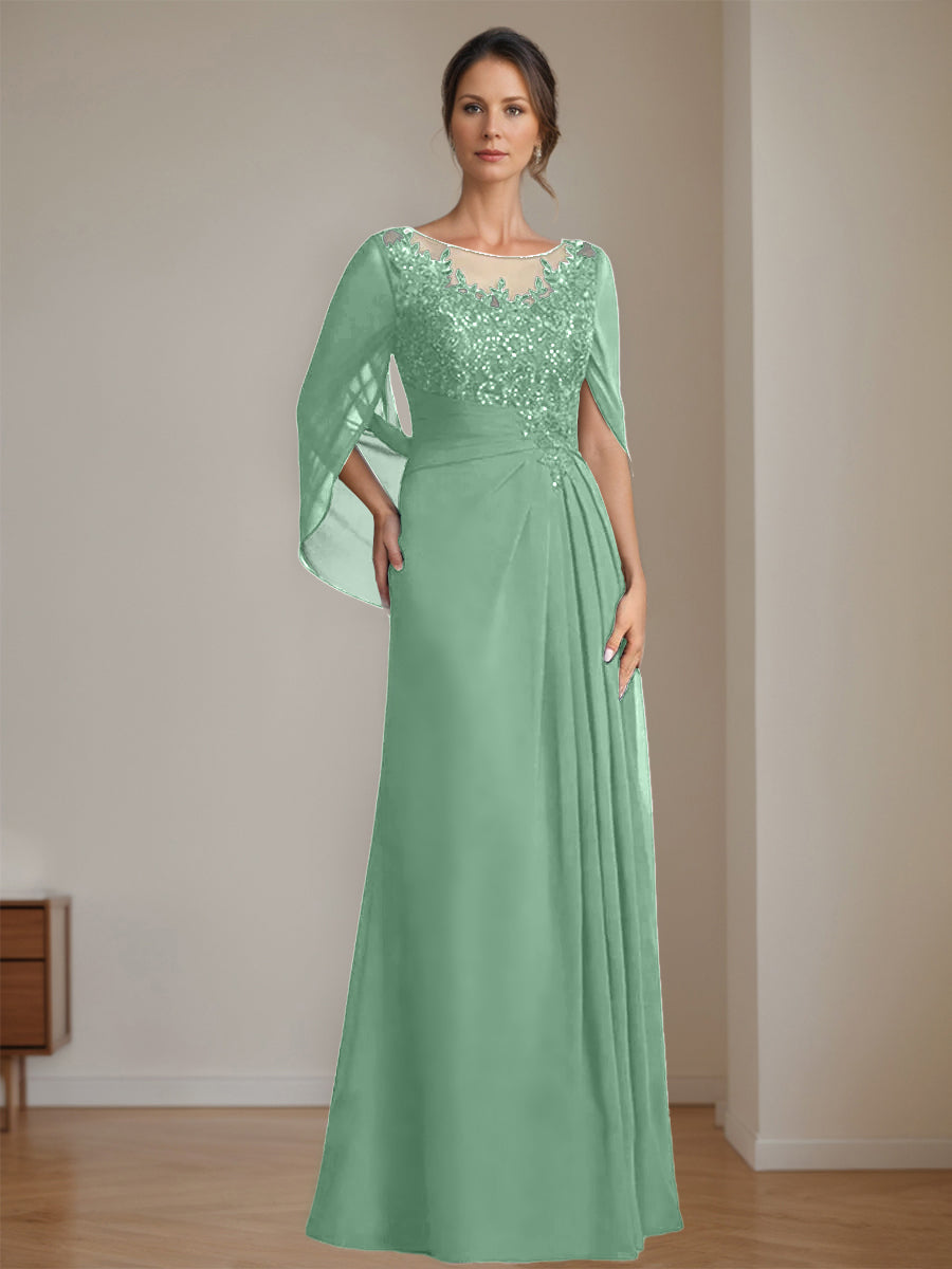 Long A Line Mother of the Bride Dress with Scoop Neckline Pleated & Sequins