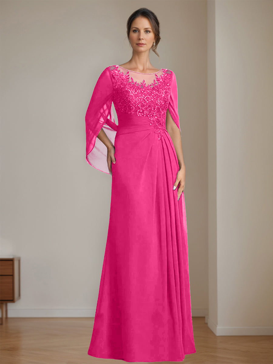 Long A Line Mother of the Bride Dress with Scoop Neckline Pleated & Sequins
