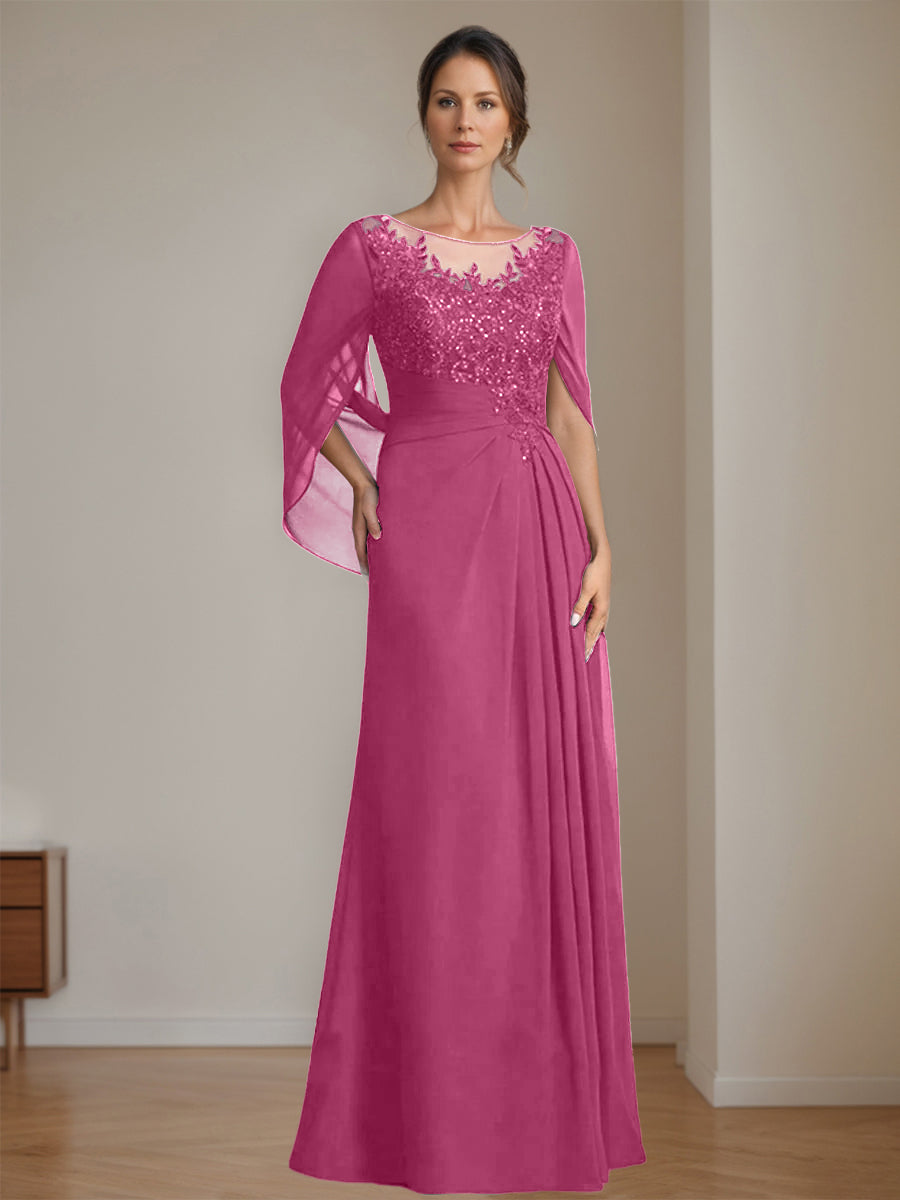 Long A Line Mother of the Bride Dress with Scoop Neckline Pleated & Sequins