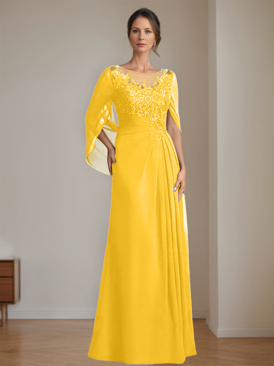 Long A Line Mother of the Bride Dress with Scoop Neckline Pleated & Sequins
