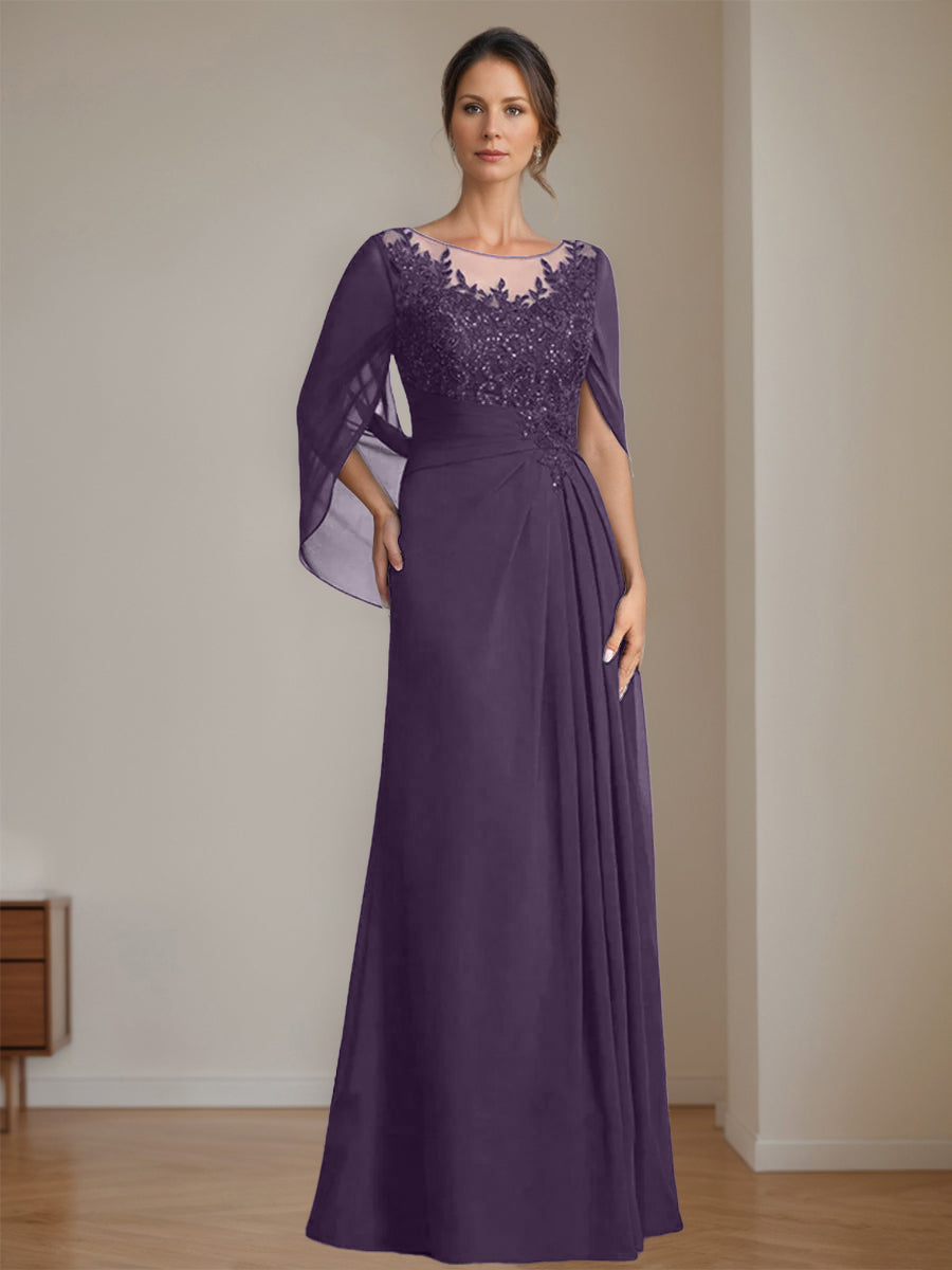 Long A Line Mother of the Bride Dress with Scoop Neckline Pleated & Sequins