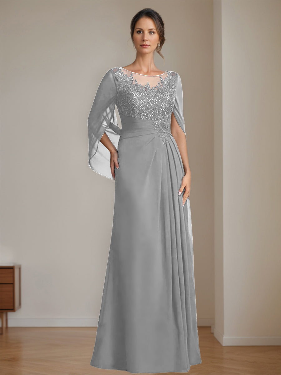 Long A Line Mother of the Bride Dress with Scoop Neckline Pleated & Sequins