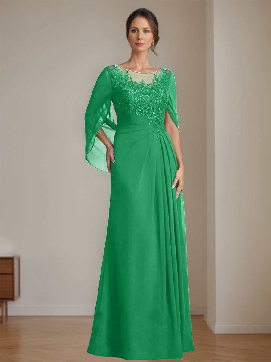 Long A Line Mother of the Bride Dress with Scoop Neckline Pleated & Sequins