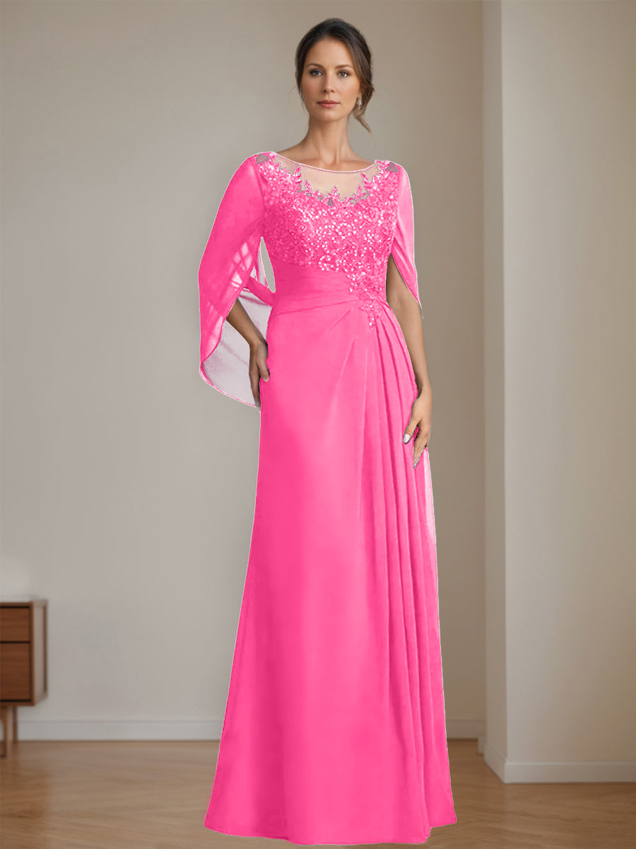 Long A Line Mother of the Bride Dress with Scoop Neckline Pleated & Sequins