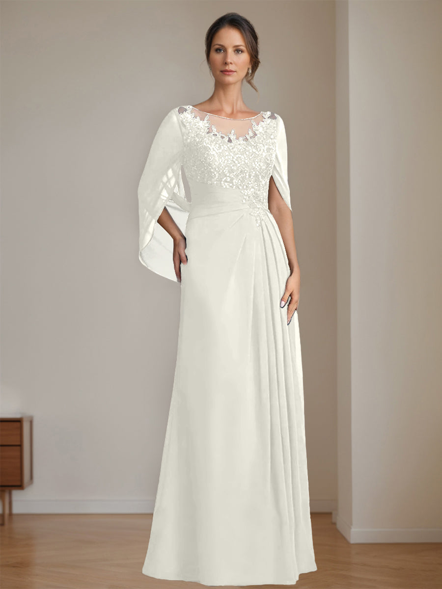 Long A Line Mother of the Bride Dress with Scoop Neckline Pleated & Sequins