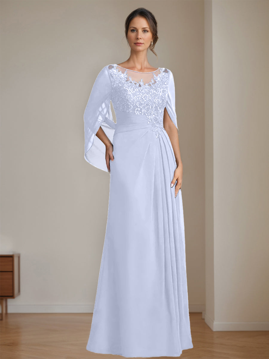 Long A Line Mother of the Bride Dress with Scoop Neckline Pleated & Sequins